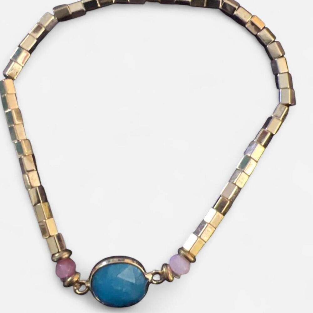 BaubleBar - Gold Tone Beads with Blue Stone Pendant Bracelet - 8"